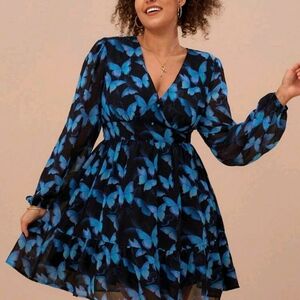 Blue Butterfly Print Women's Dress